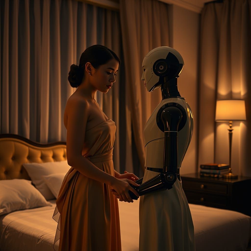 Elegant Woman with Android Partner in Apartment