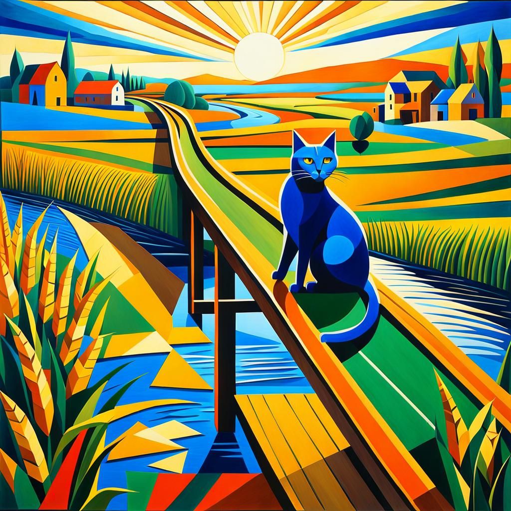 Abstract Cubist Cat on Bridge, Kurasov Style