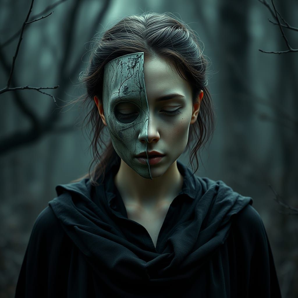 Gothic Woman with Clay Mask in Fantasy Setting