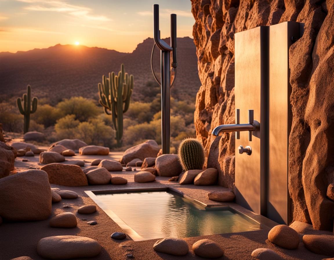 Desert Sunset Shower Oasis: Hyperrealistic HDR Photography