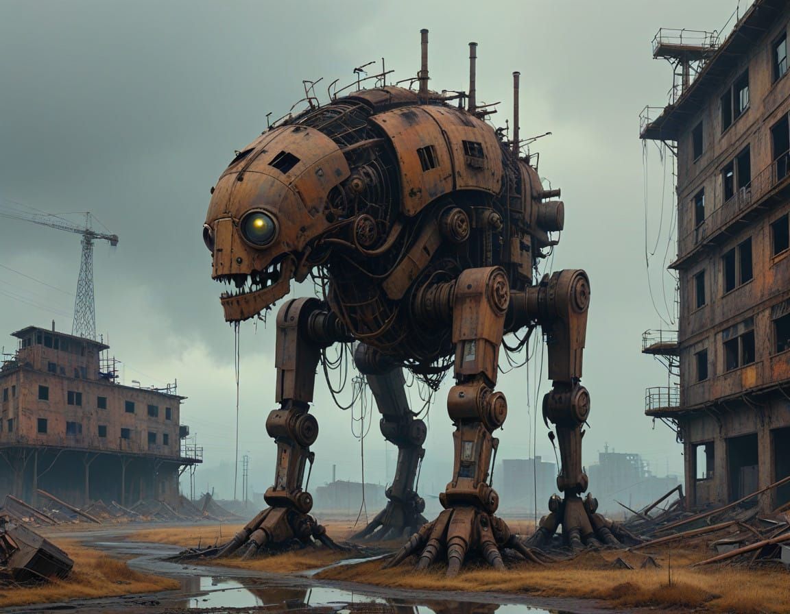 Abandoned, Rusty, Fantasy Robot in Desolate, Atmospheric Lan...