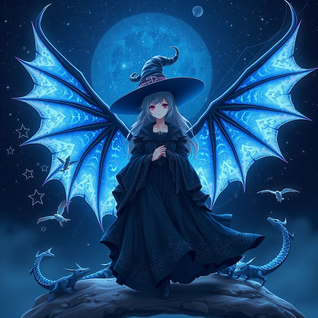 Anime Witch with Dragon Wings in Starry Night