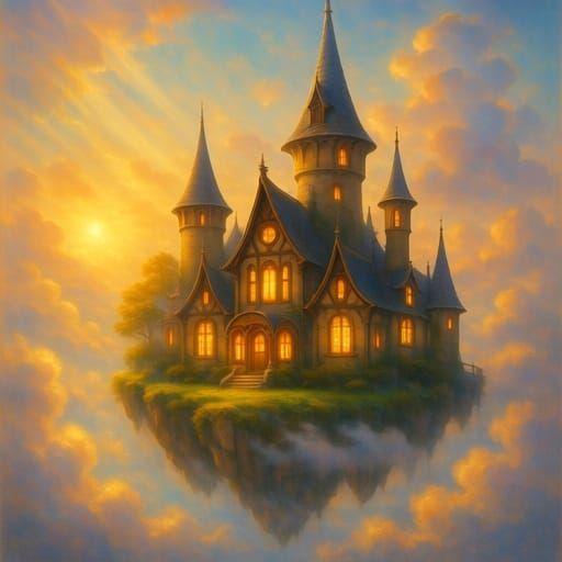 Ethereal Spell School in Clouds, Romanticized Fantasy Art