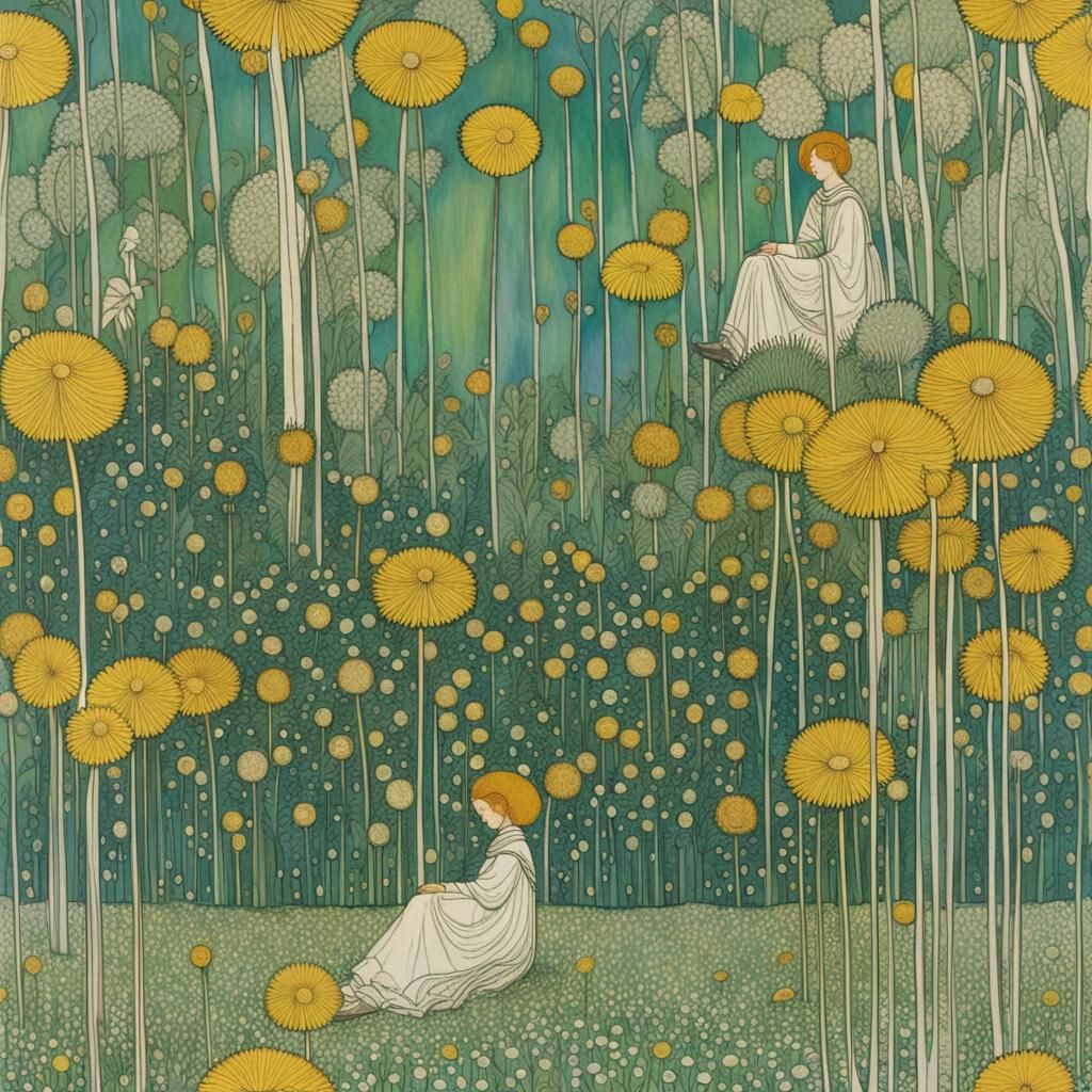 Whimsical Dandelion Field in Art Nouveau Style