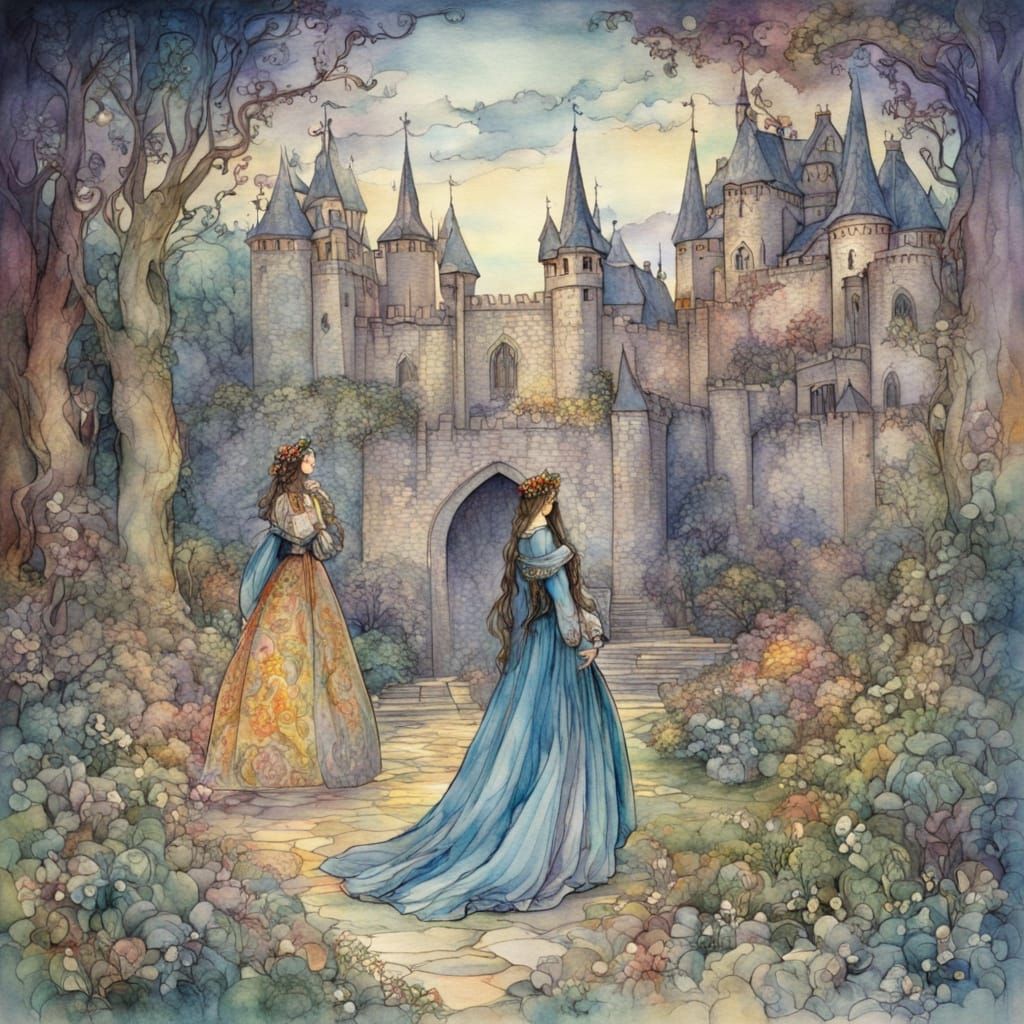 Medieval Princess Castle in Watercolor Style