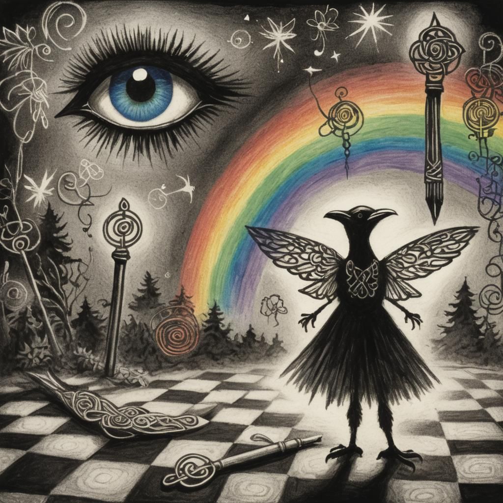 Celtic Raven Silhouette in Crayon Drawing Style