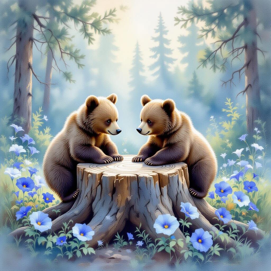 Brown Bears Playing in Forest, Watercolor Painting