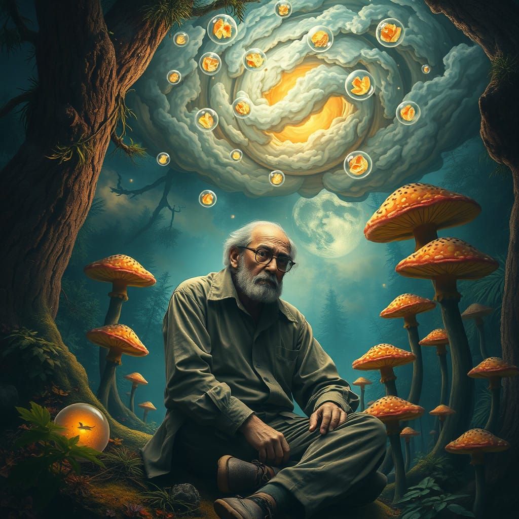 Ethereal Genius Surrounded by Fungi and Whispers of the Mind
