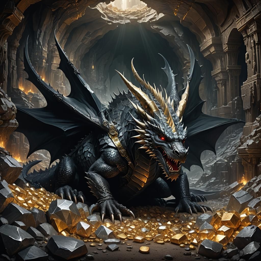 Sleeping Dragon Hoarding Treasure in Vast Cavern