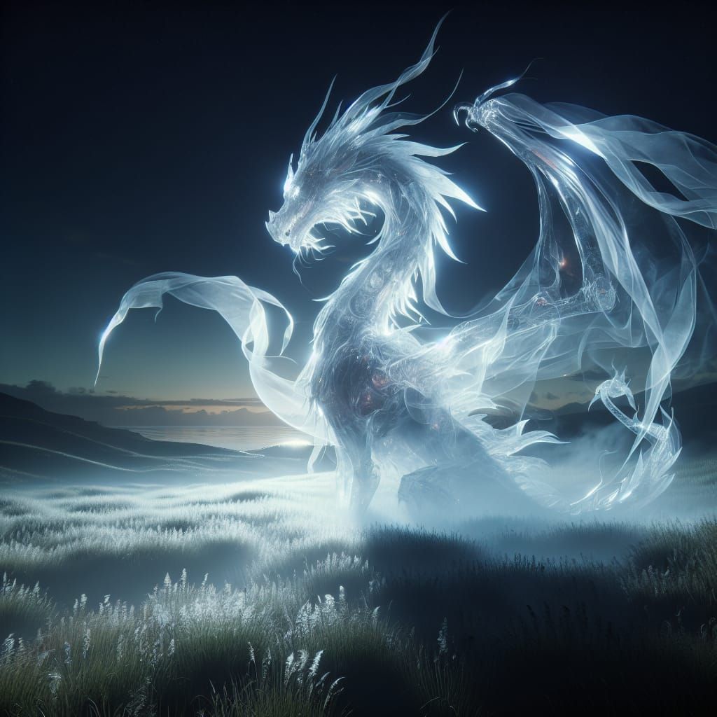 Ethereal Dragon in Fog-Shrouded Moonlight: 3D Render