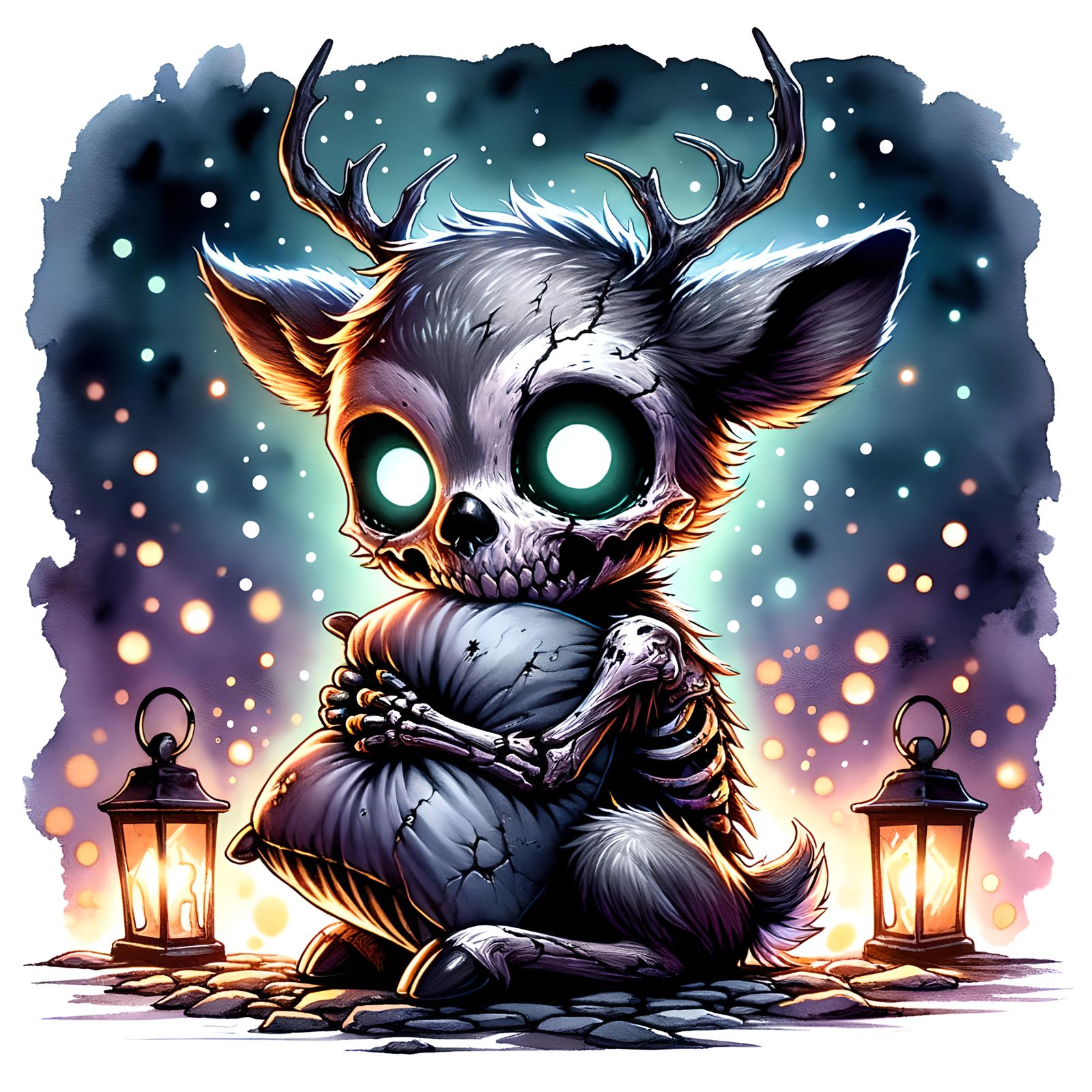 Eerie Chibi Deer Hugging Pillow in Watercolor Style
