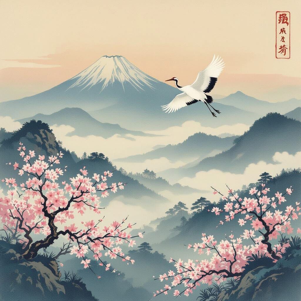 Solitary White Crane Flies Over Japanese Landscape in Ukiyo-...