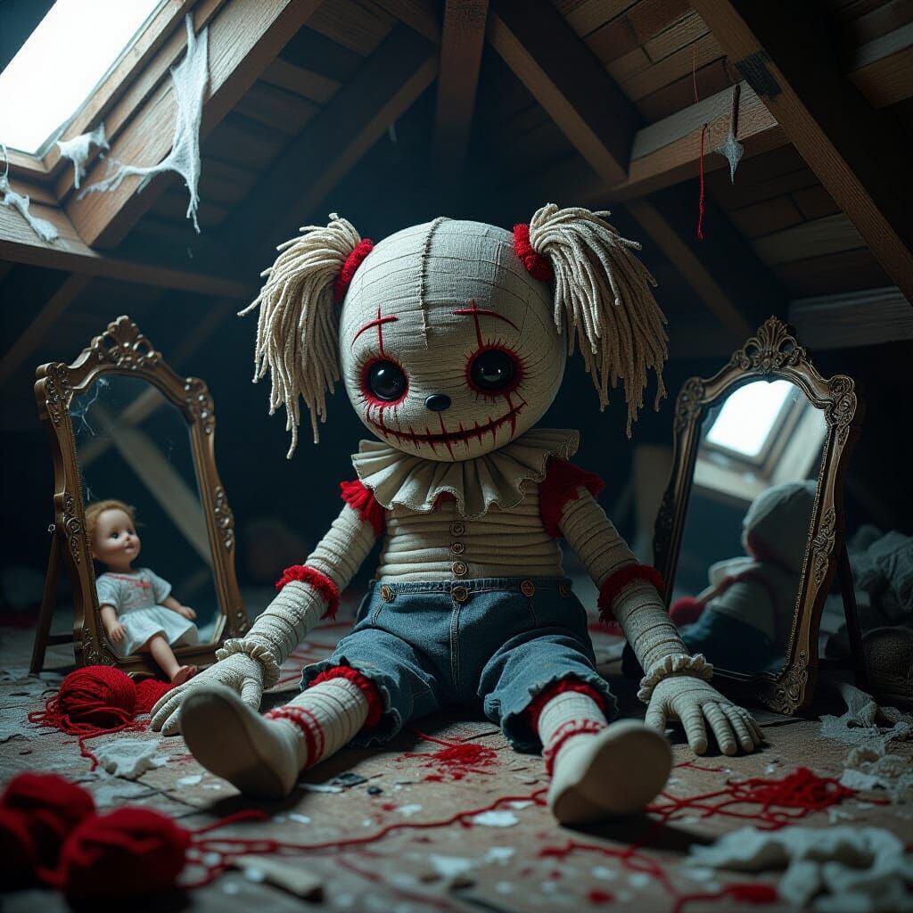 Haunting Rag Creature in a Dimly Lit Attic
