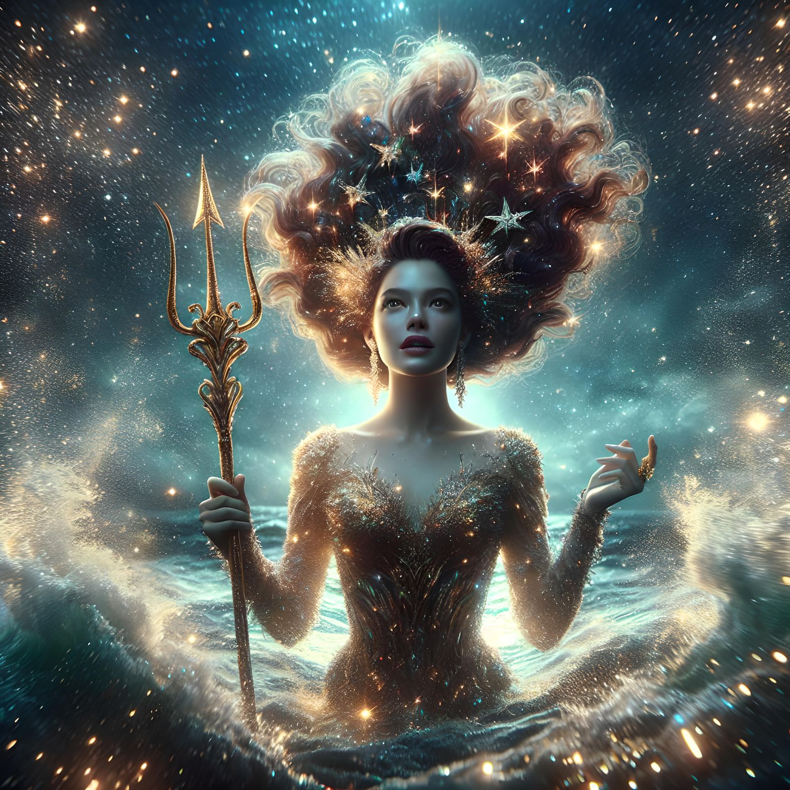 Sparkling Mermaid with Trident in Epic Scene