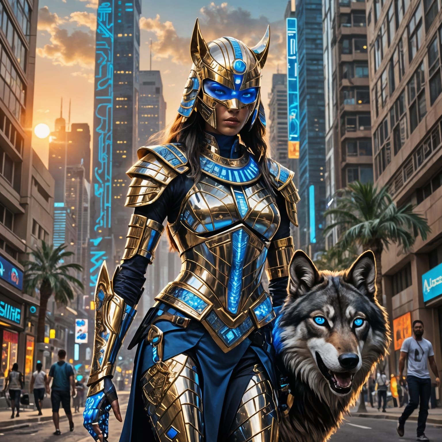 A futuristic warrior dressed in sleek, metallic armor with i...