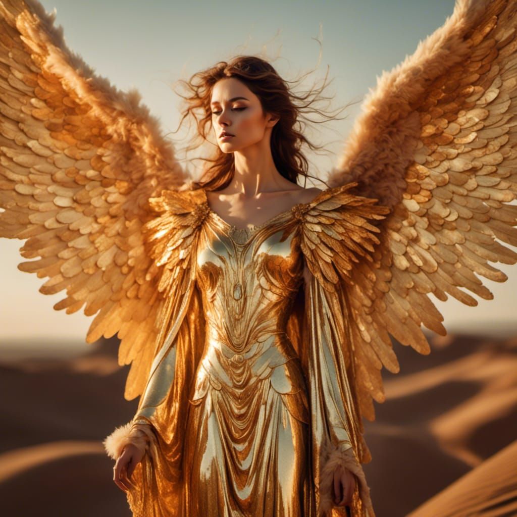 Golden Winged Angel in Desert Oil Painting