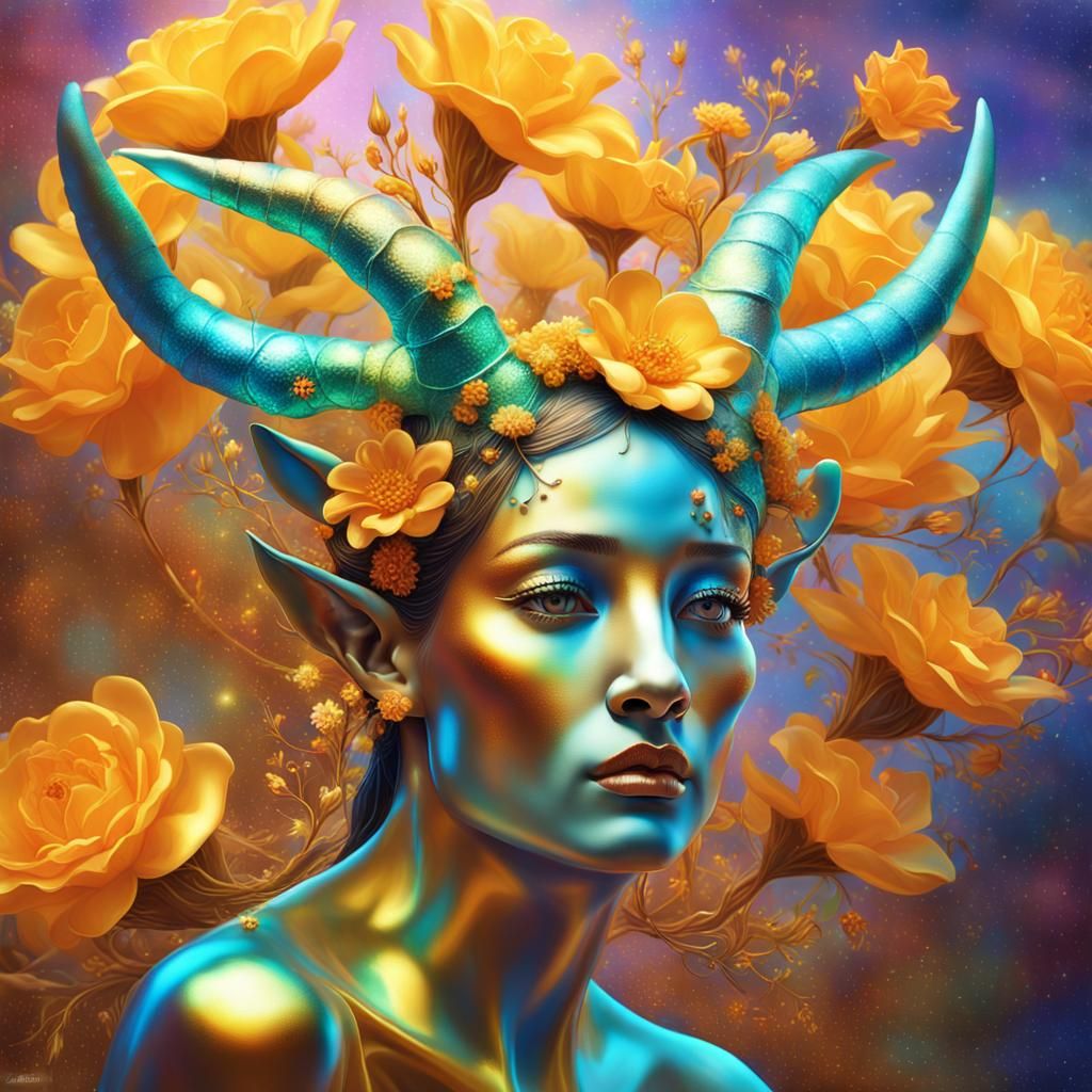 Iridescent Goddess with Fluorescent Flowers, Oil Painting