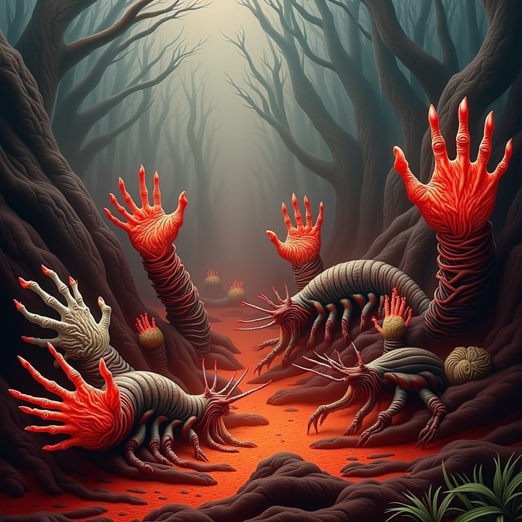 Surreal Finger-Slugs Emerge from Burning Ember Landscape