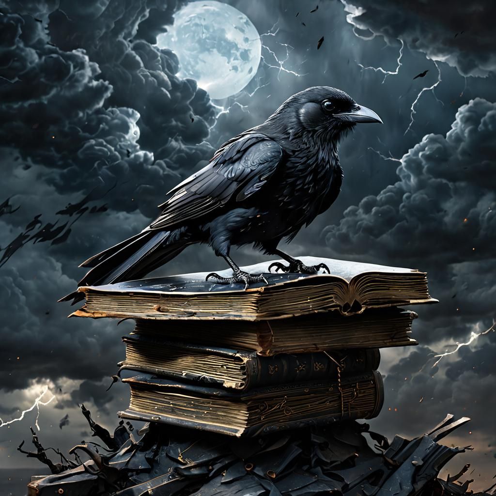 Raven on Ancient Tome: Dark Fantasy Art