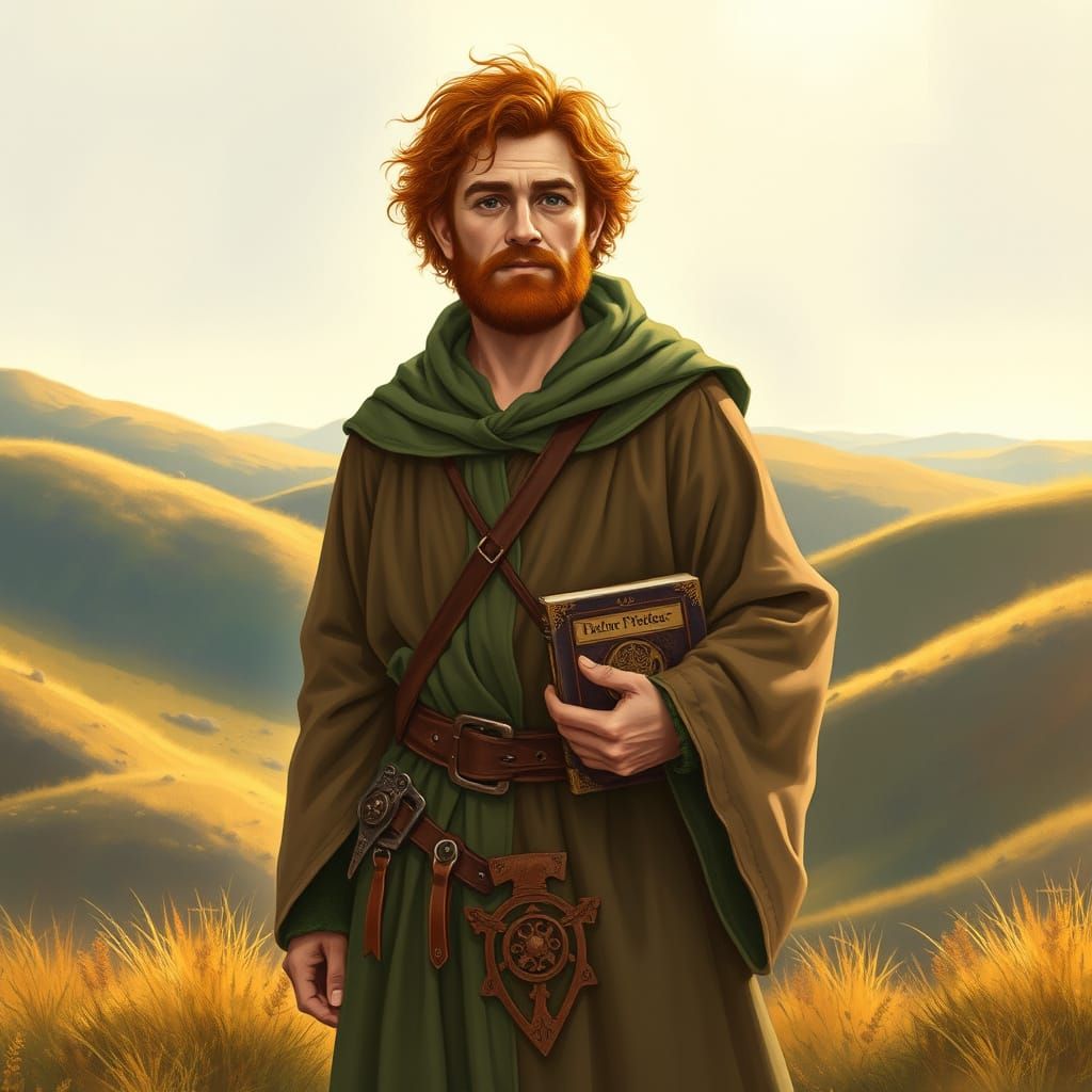 Harfoot Hobbit Cleric in Earthy Robes Amidst Rolling Hills