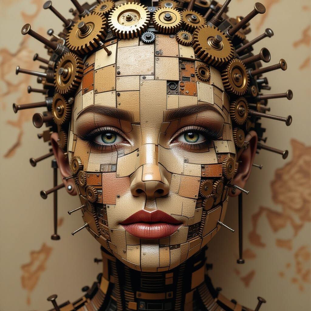 Steampunk Face Sculpture of Cogs and Nails