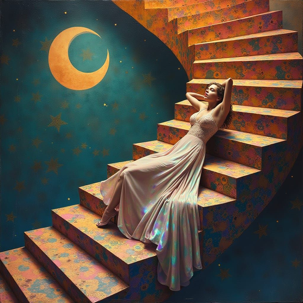Ethereal Princess on Infinite Art Deco Staircase