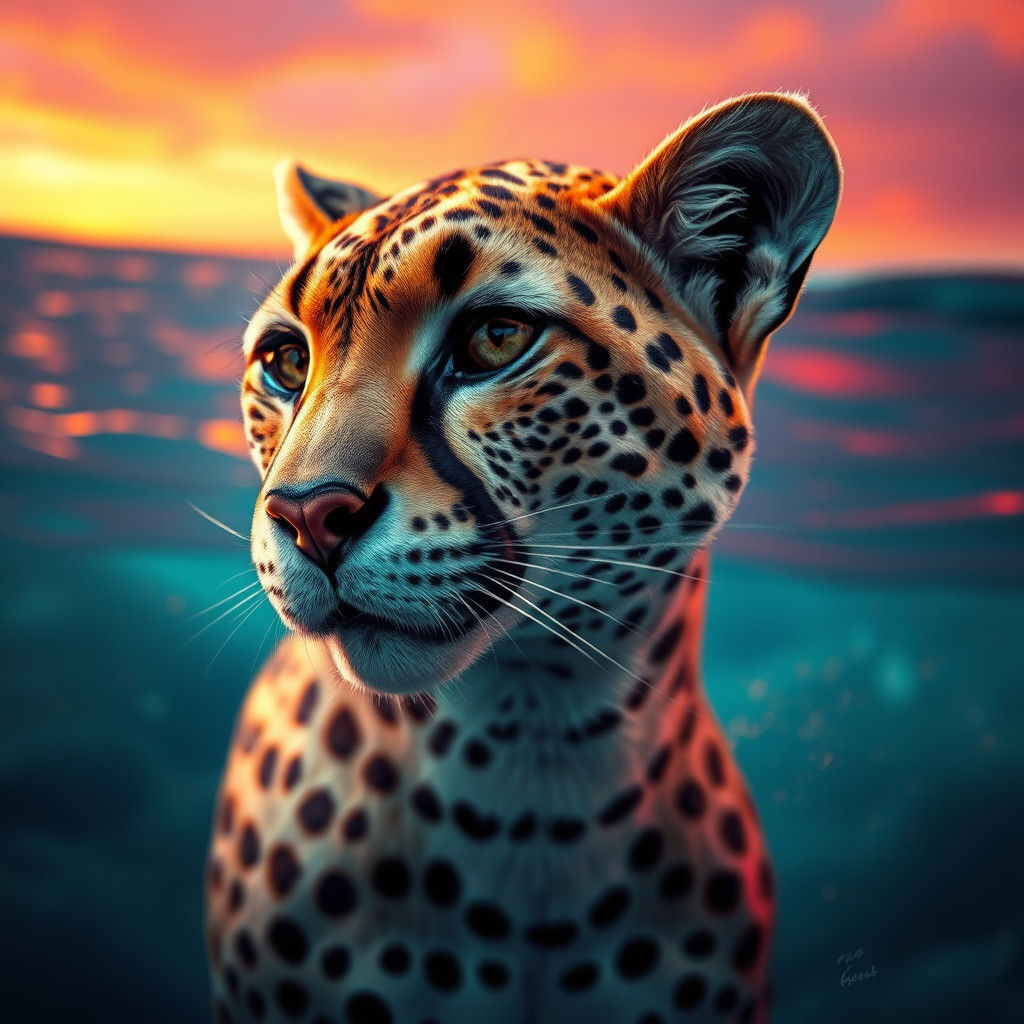 Hyperrealistic Cheetah Mermaid Portrait in Splash Art Style