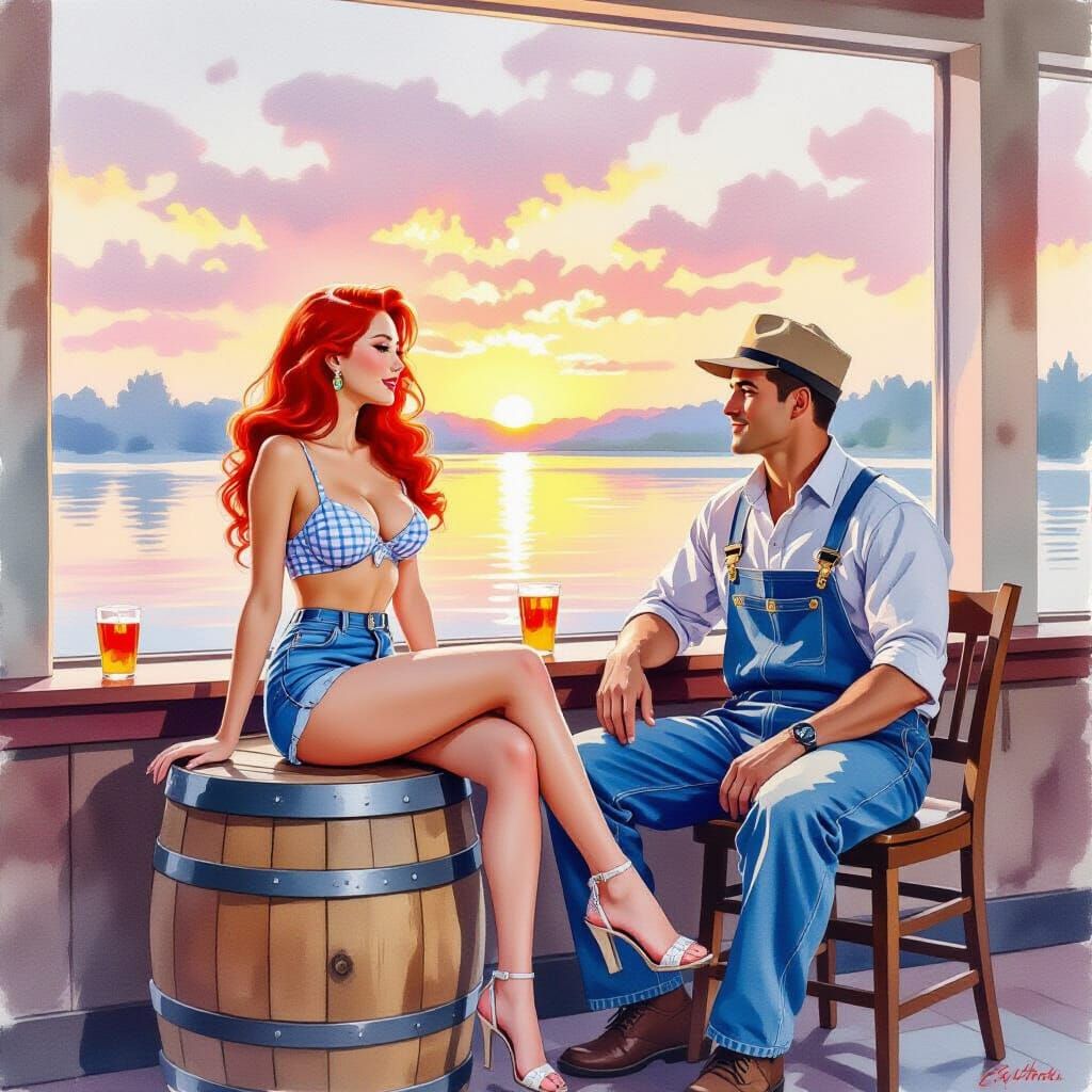 Serene Diner Vista with Pin-Up, Watercolor Impression