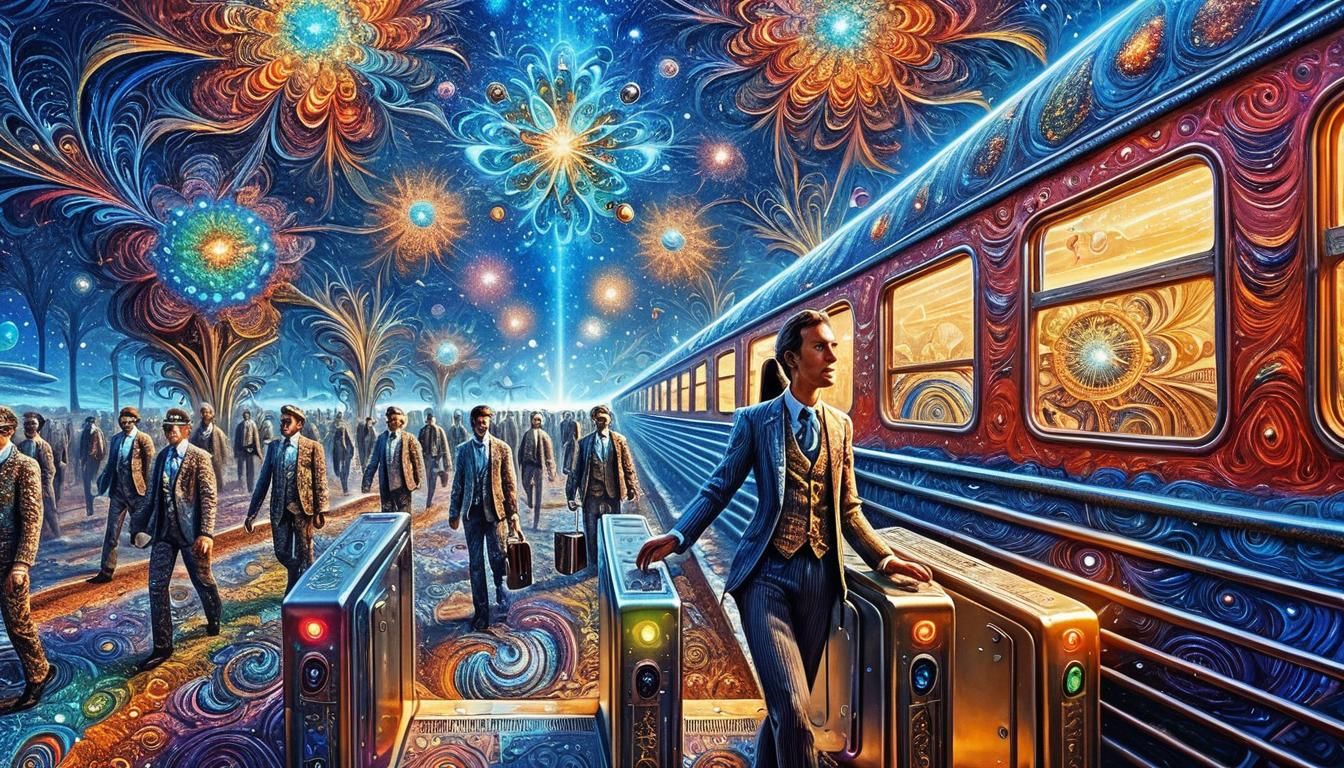 Man in Chair Floating in Surreal Cosmic Landscape