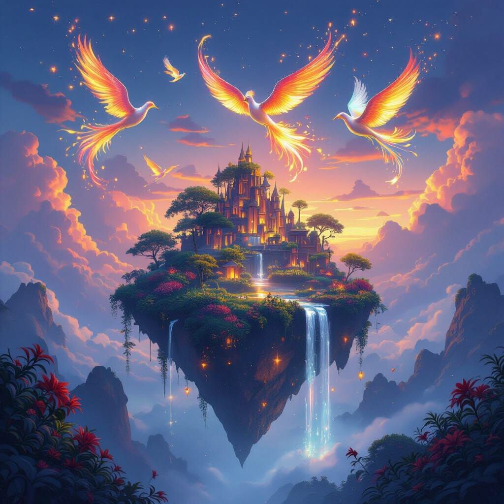 Magical Floating Island with Fiery Birds