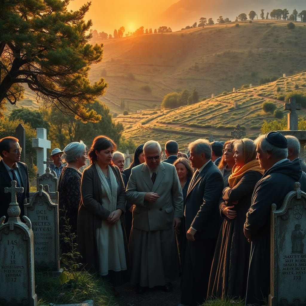 Mournful Gathering in Jewish Cemetery at Sunset