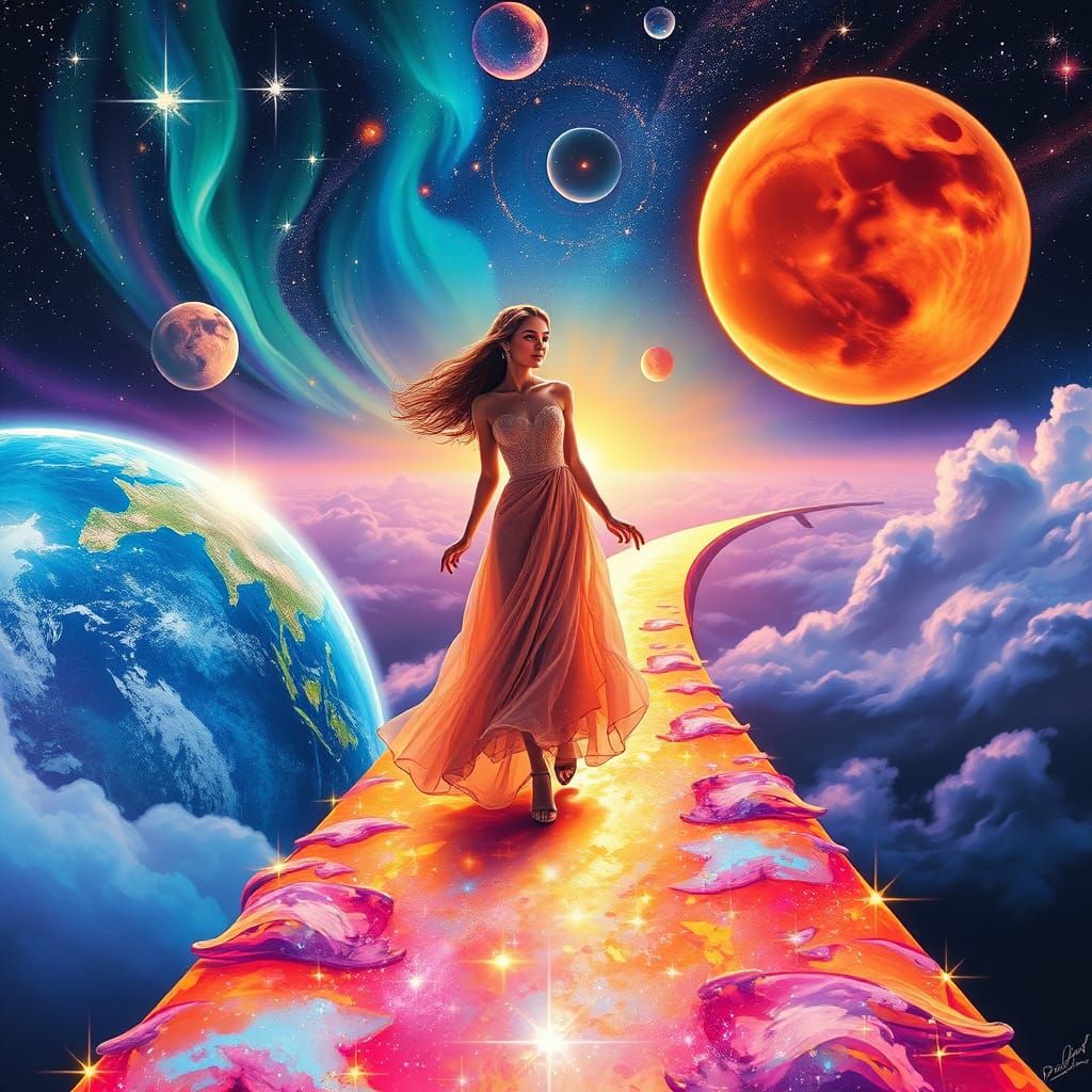 Surreal Cosmic Goddess Walks the Stardust Bridge