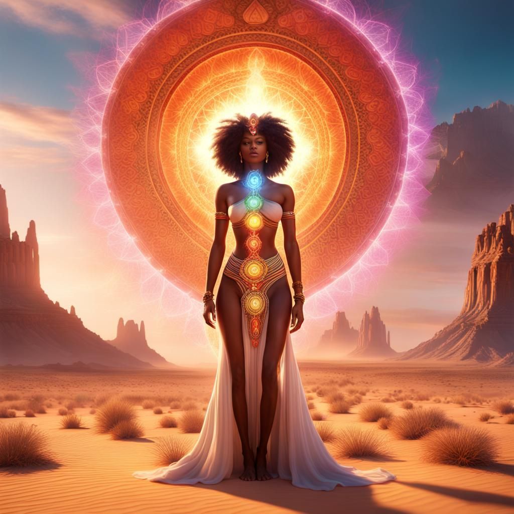 Afrocentric Goddess Radiating Chakra Light in Desert