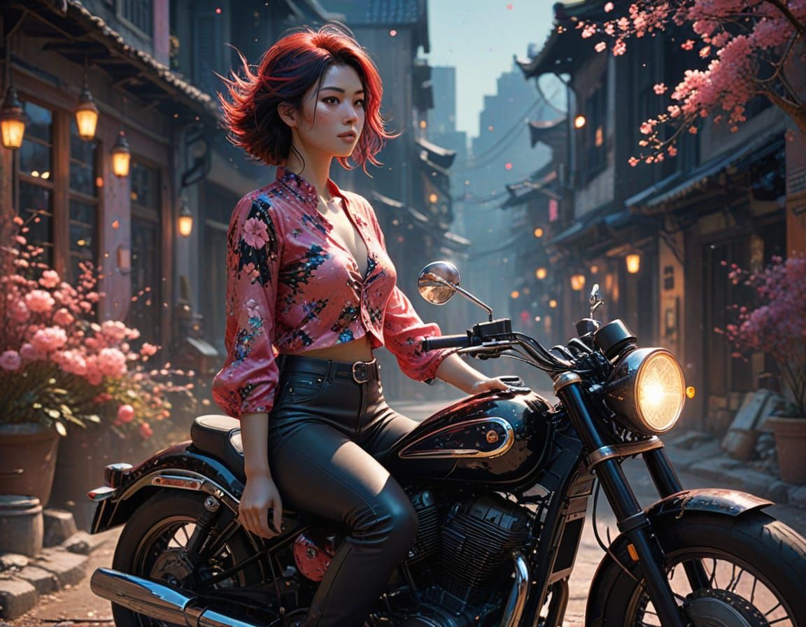 Woman on Motorcycle in Manga Watercolor Style