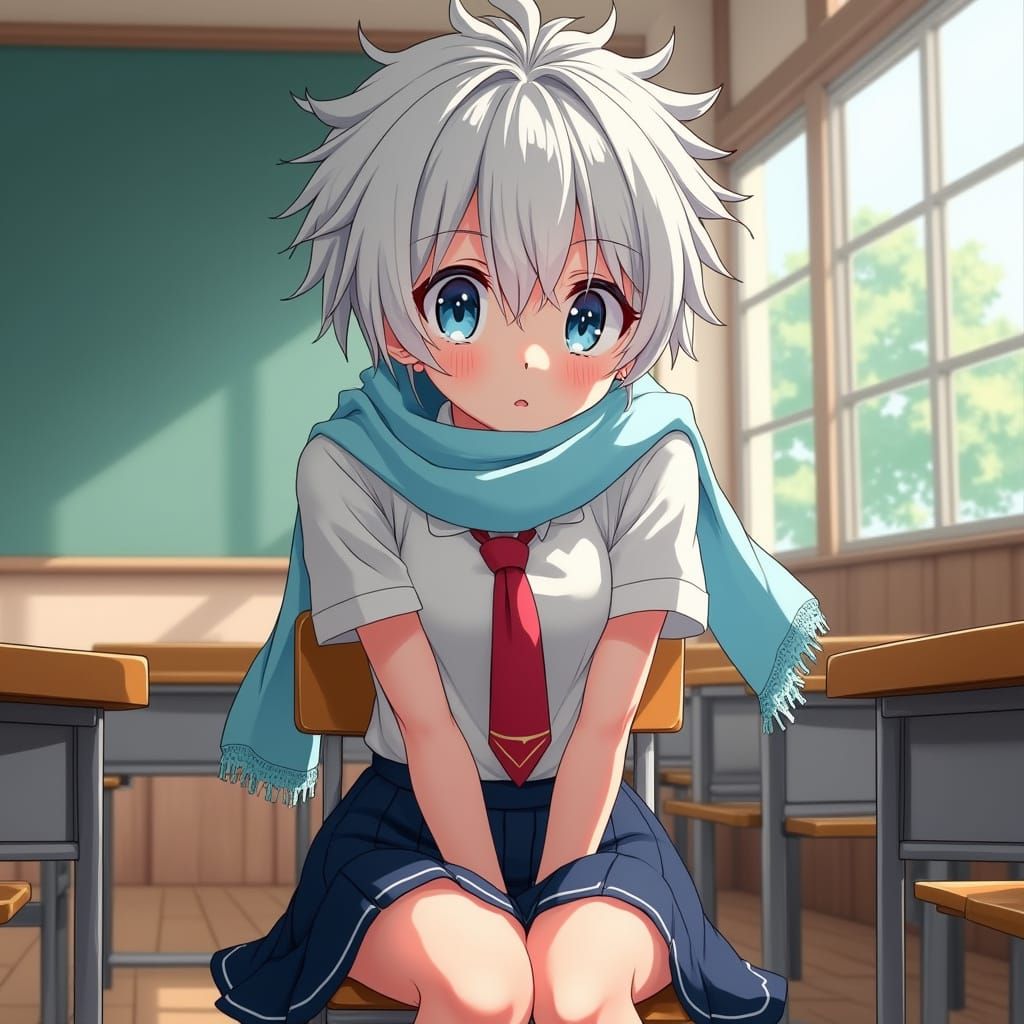 Anime Girl in Class 1-A Uniform with Soft Blue Scarf