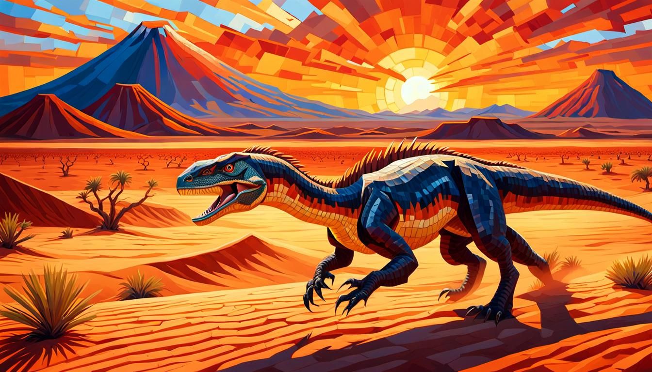 Utahraptor Runs in Prehistoric Desert: Expressionist Oil Pai...