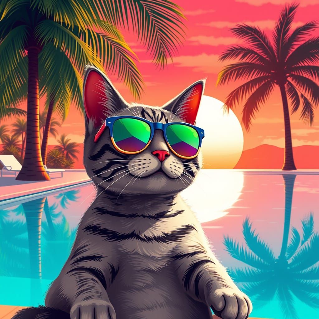 Cat in Sunglasses by the Pool: Digital Art