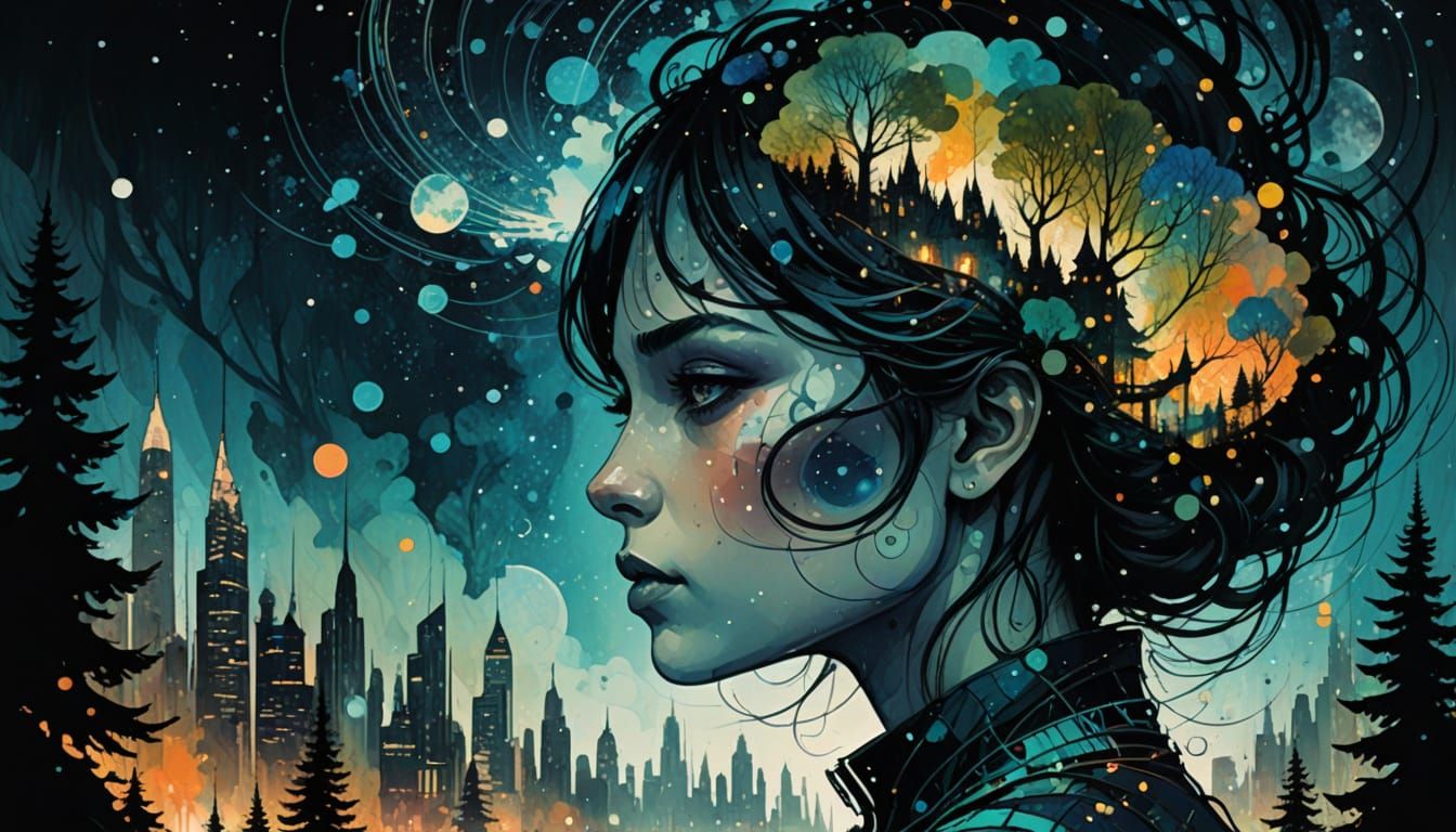 Surreal Princess Amidst Vibrant Galaxy and Fantastical Citys...