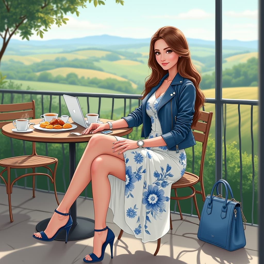 Woman at Cafe in Semi-Realistic 2D Art Style