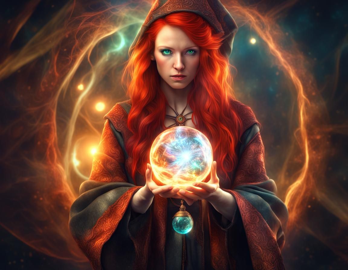 Red-Haired Wizard Casting Spell with Energy Ball