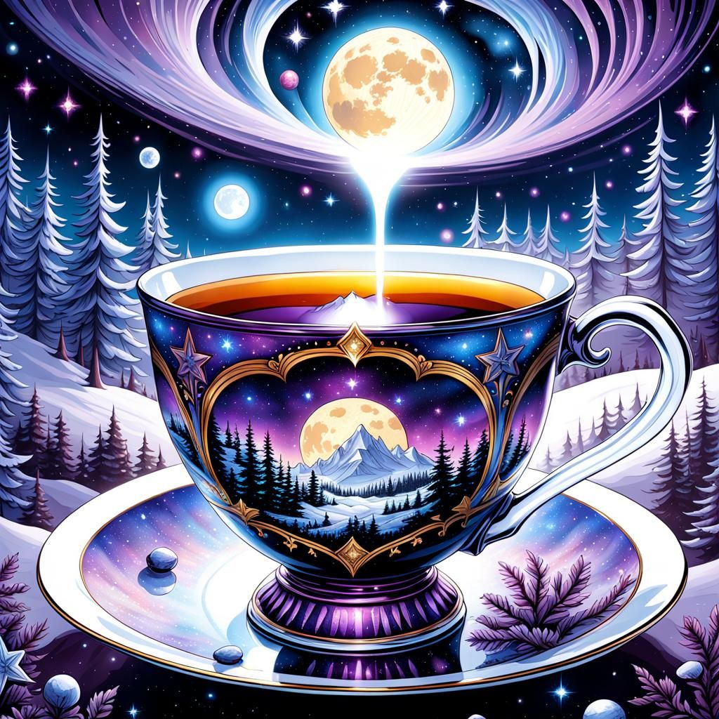 Cosmic Galaxy in Teacup: Gothic Watercolor Landscape