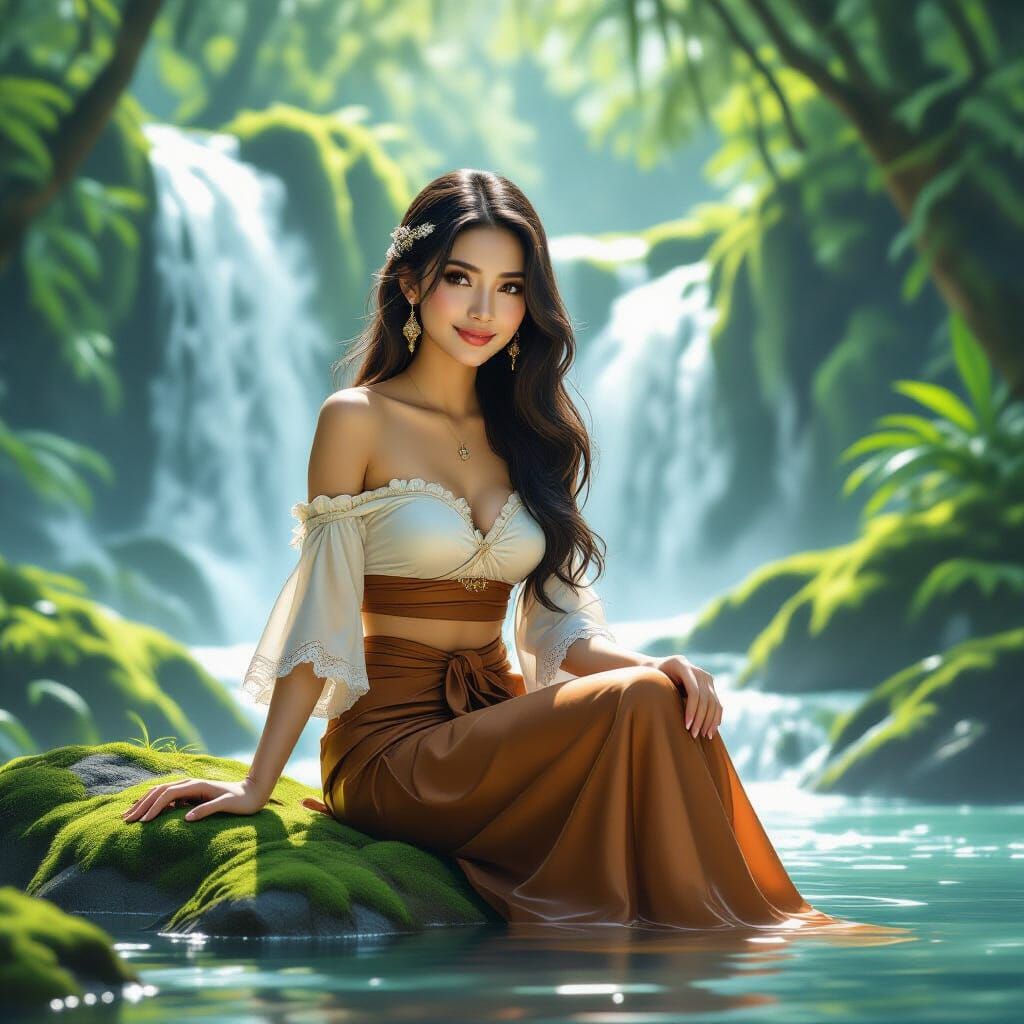 Malay Lady at Cascading Waterfall in Digital Painting Style