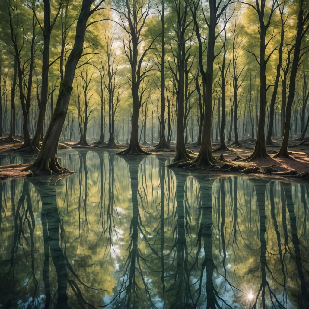 Mystical Landscape with Reflected Trees in Crystal Water