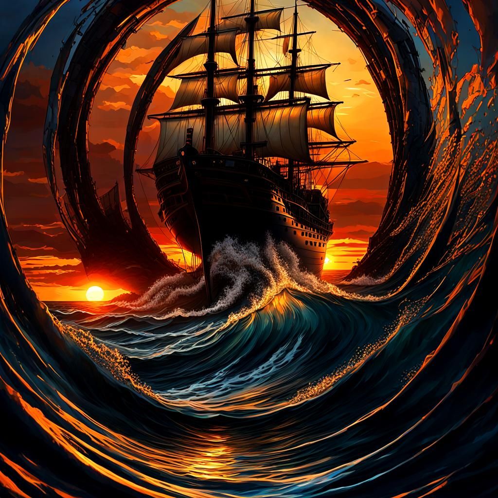 Ocean Sunset Ship in Neo-Impressionist Style