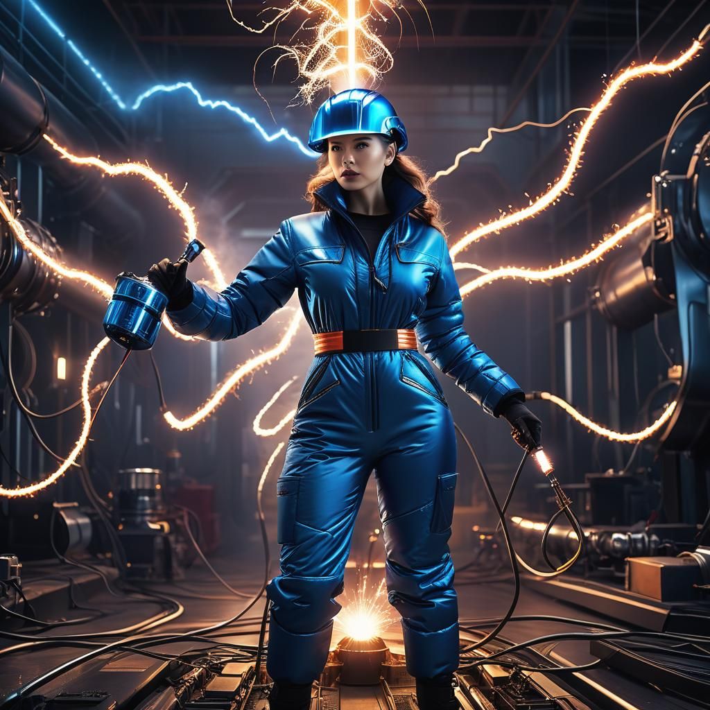 Female Worker Building Tesla Coil, Digital Matte Painting