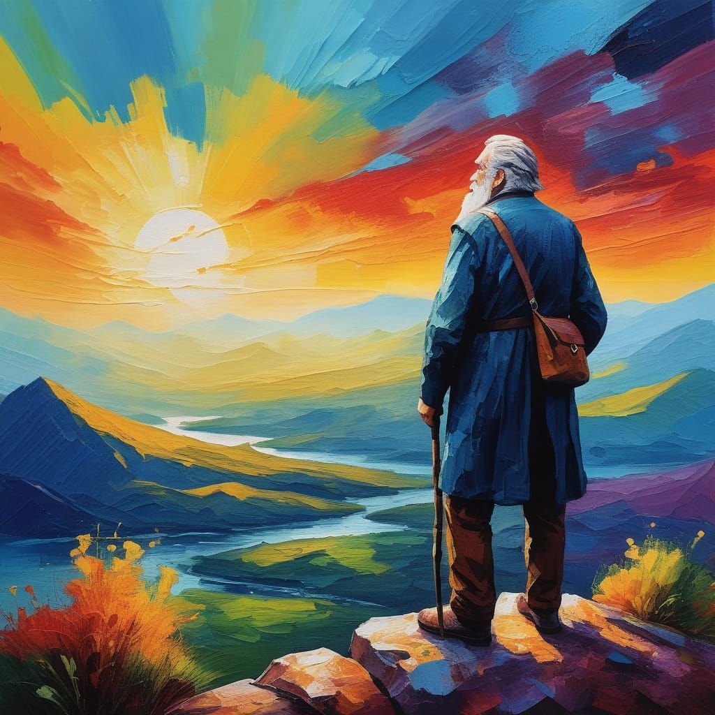 Old Man on Mountain Overlooking War City in Gouache Style