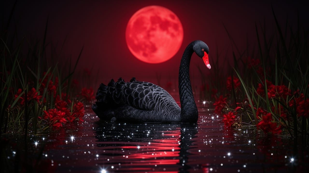 Black Swan on Dark Water Under a Red Moon