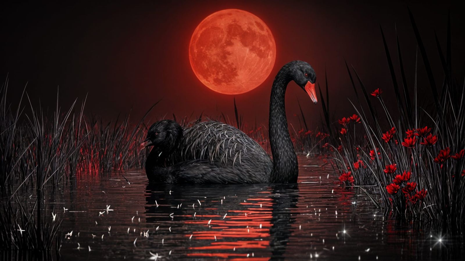 Black Swan on Dark Water Under a Red Moon
