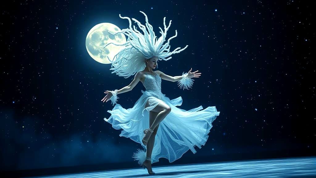 Ethereal Celestial Performer Dances in Starry Expanse