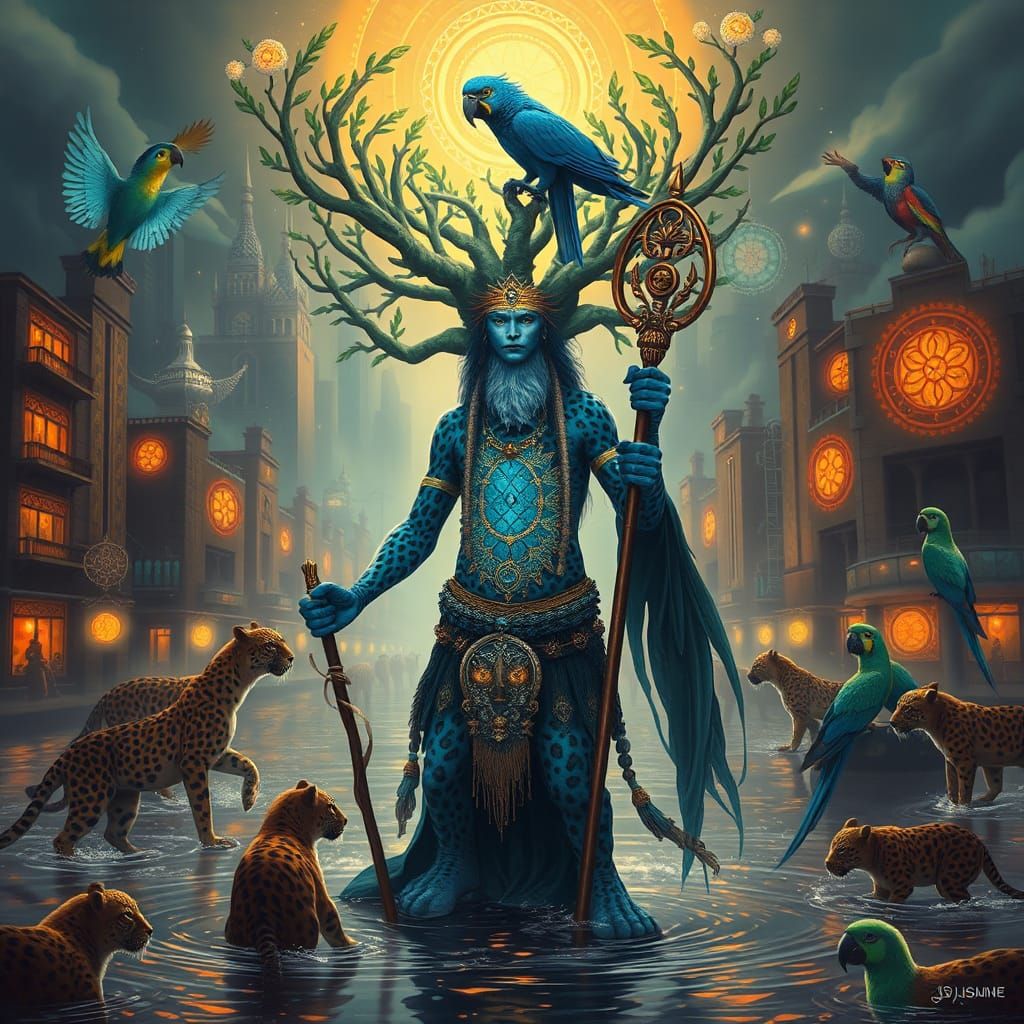 Blue Leopard Shaman in Flooded City as Steampunk Art